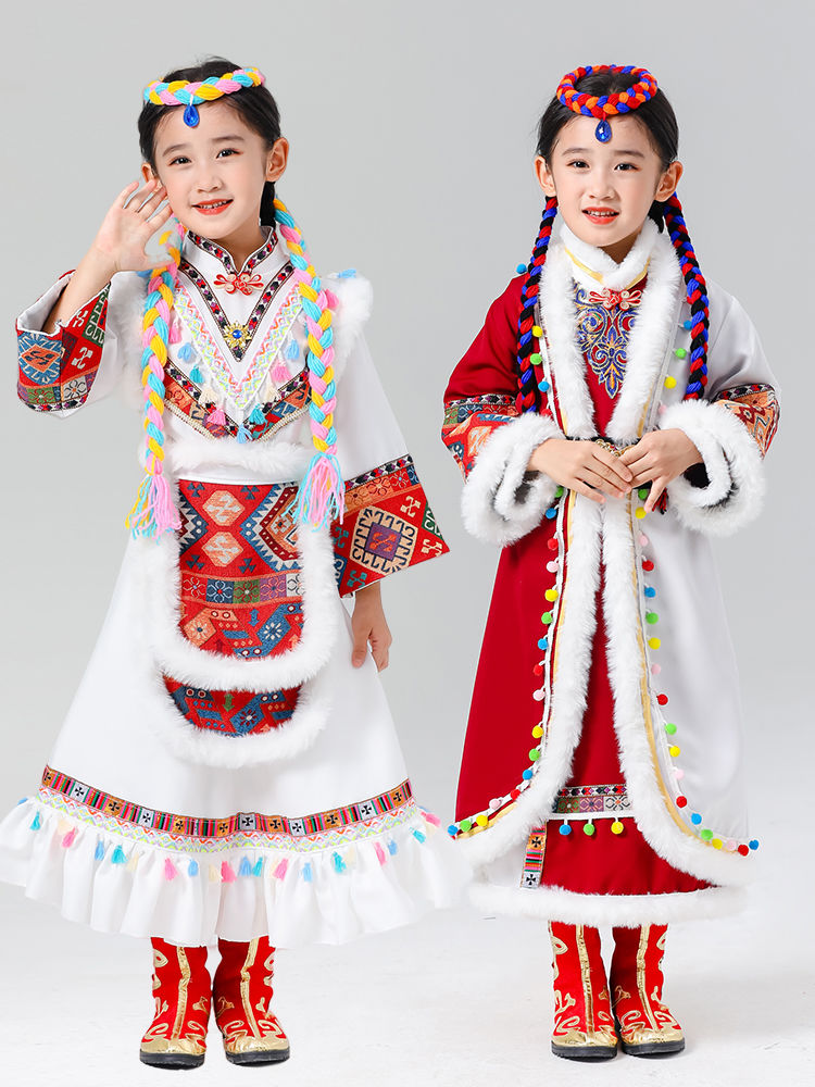 儿童藏族表演服少数民族舞蹈演出服蒙古藏袍西藏男女童走秀旅拍服