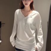 春秋胖MM慵懒宽松排扣v领蝙蝠袖 上衣女早春小众设计感百搭显瘦T恤