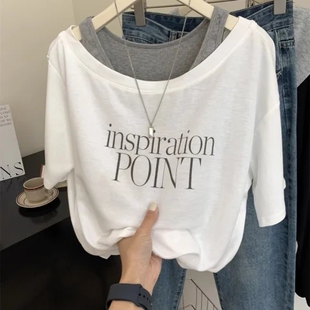 夏季设计感字母印花露肩吊带拼接短袖假两件春夏季百搭洋气上衣潮