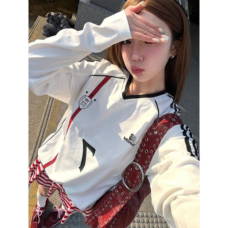 美式复古球衣风t恤女春季织带拼接v领运动速干长袖宽松情侣上衣潮
