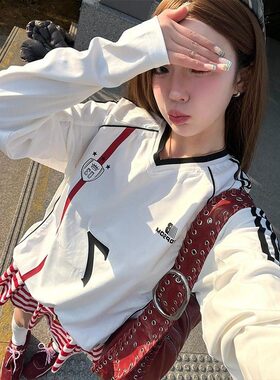 美式复古球衣风t恤女春季织带拼接v领运动速干长袖宽松情侣上衣潮