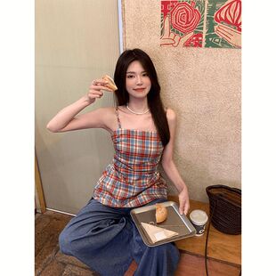 法式抹胸红色格子吊带背心女夏季外穿设计感小众收腰辣妹无袖上衣