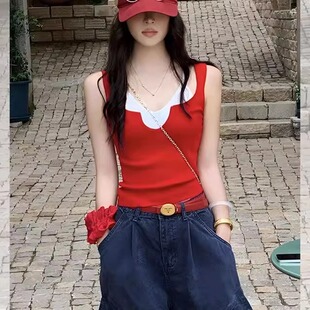 辣妹红色假两件吊带背心女独特设计感小众修身纯欲夏外穿无袖上衣