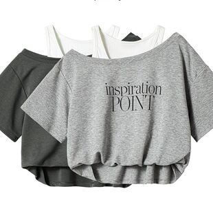 假两件字母印花露肩短袖t恤女夏季新款吊带拼接百搭短款洋气上衣