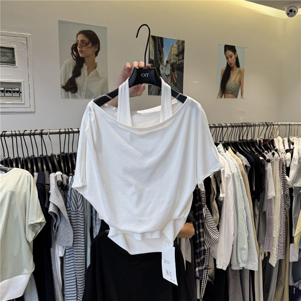 高级慵懒一字领露露肩新款T恤短袖夏季女夏百搭上衣斜肩设计宽松