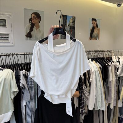 高级慵懒一字领露露肩新款T恤短袖夏季女夏百搭上衣斜肩设计宽松