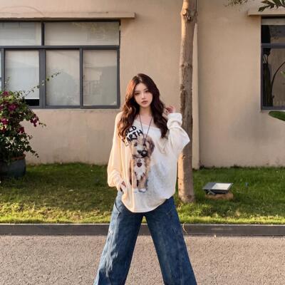 春季新款设计感小众斜肩T恤女可爱小狗印花宽松薄款防晒长袖上衣