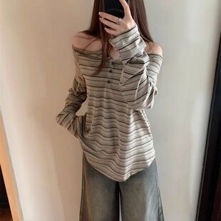 美式复古慵懒风一字肩露肩长袖T恤女春秋季百搭新款宽松条纹上衣