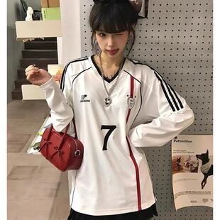 美式V领球衣t恤女早春字母印花运动风长袖打底衫宽松情侣重磅上衣