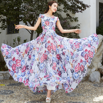 新款简约圆领修身风大摆超长裙