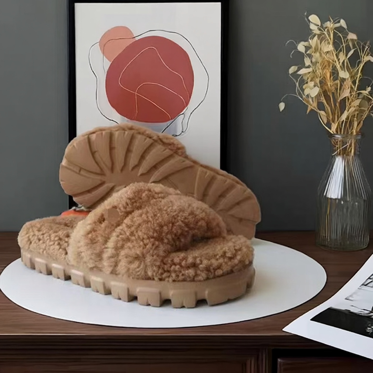 【秀履】悠骥冬季卷羊毛中跟厚底时尚休闲女士拖鞋居家便鞋12M/43