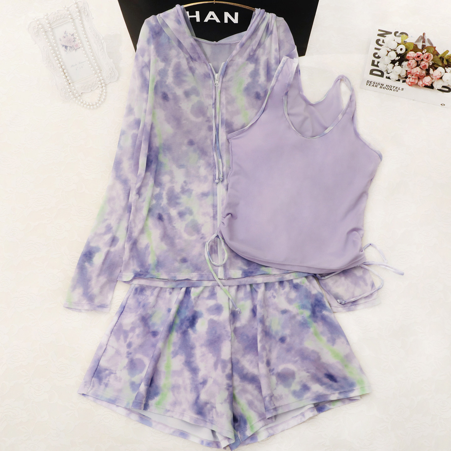 【紫墨氤氲】连帽罩衫运动泳衣女微胖女孩显瘦遮肉保守背心三件套