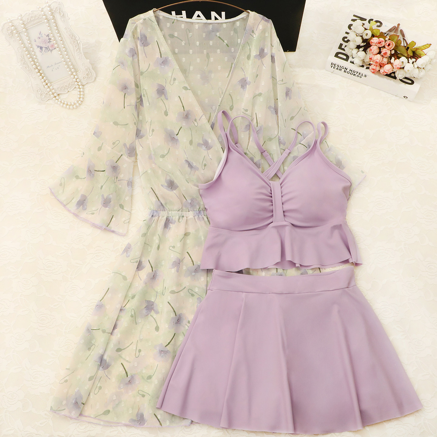 【紫雾眠花】高腰裙裤保守遮肉罩衫三件套泳衣女分体温泉2025新款