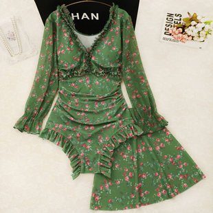 【黛绿浮花】复古显白连体泳衣高级感碎花微胖显瘦遮肉夏季泳装女