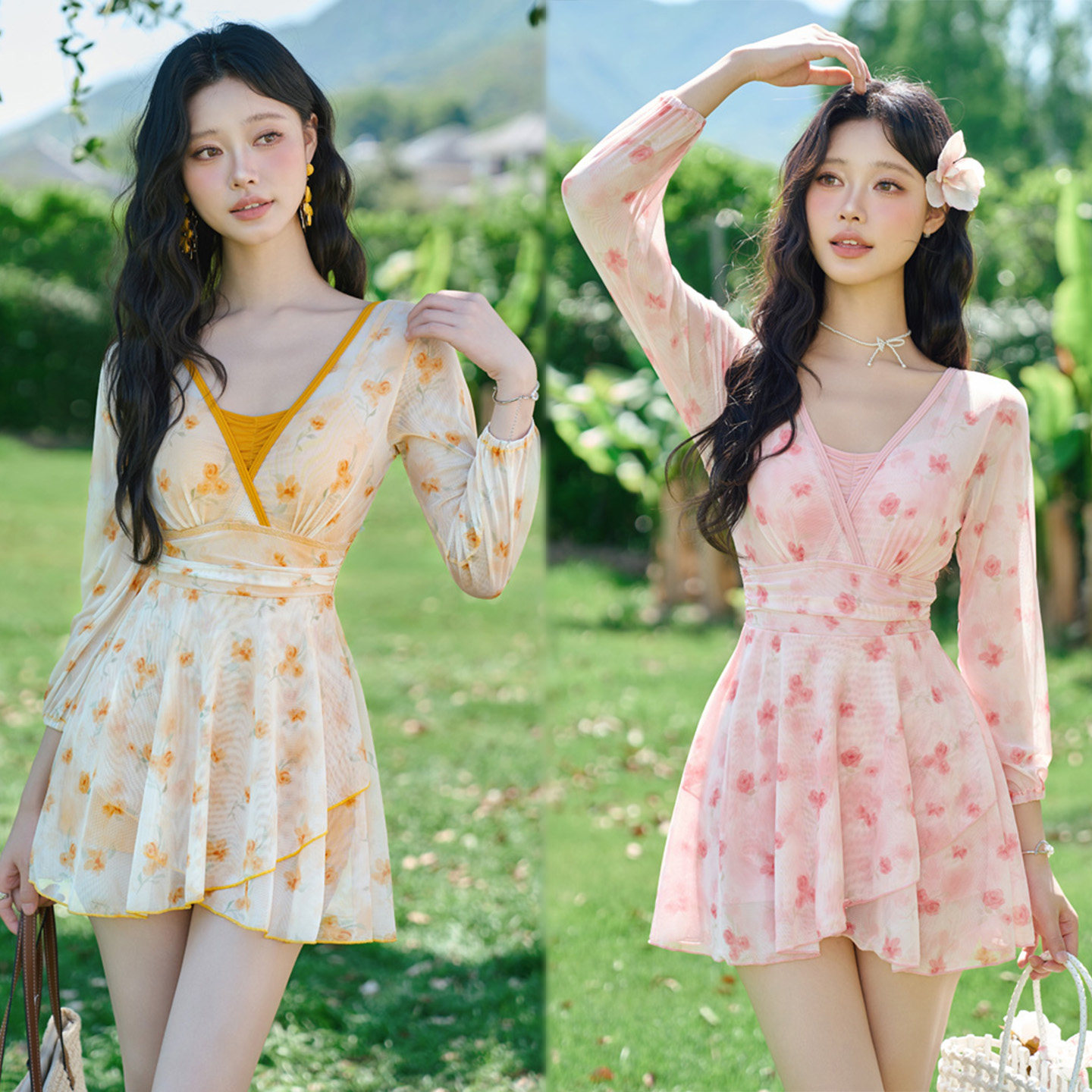 暖调显白玫瑰印花连体泳衣女