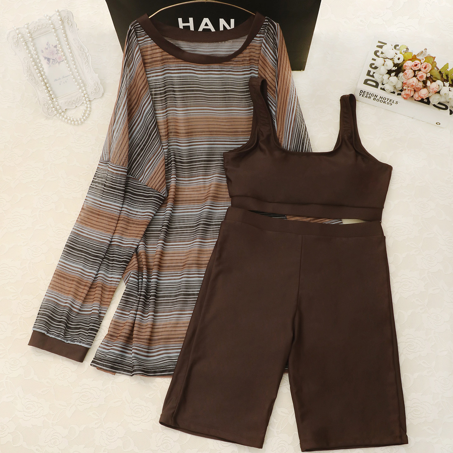 【暖咖条纹】大码泳衣女分体三件套宽松罩衫加长泳裤显瘦温泉新款