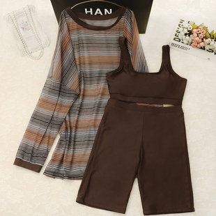 泳衣女分体三件套宽松罩衫 暖咖条纹 大码 显瘦温泉新款 加长泳裤