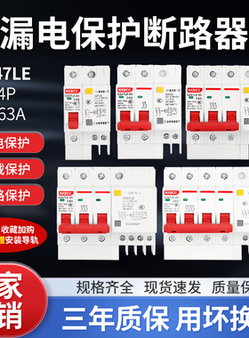 漏电工厂DZ47LE断路器1P2P3P+N 63A漏保 漏电开关家用 工程配电用