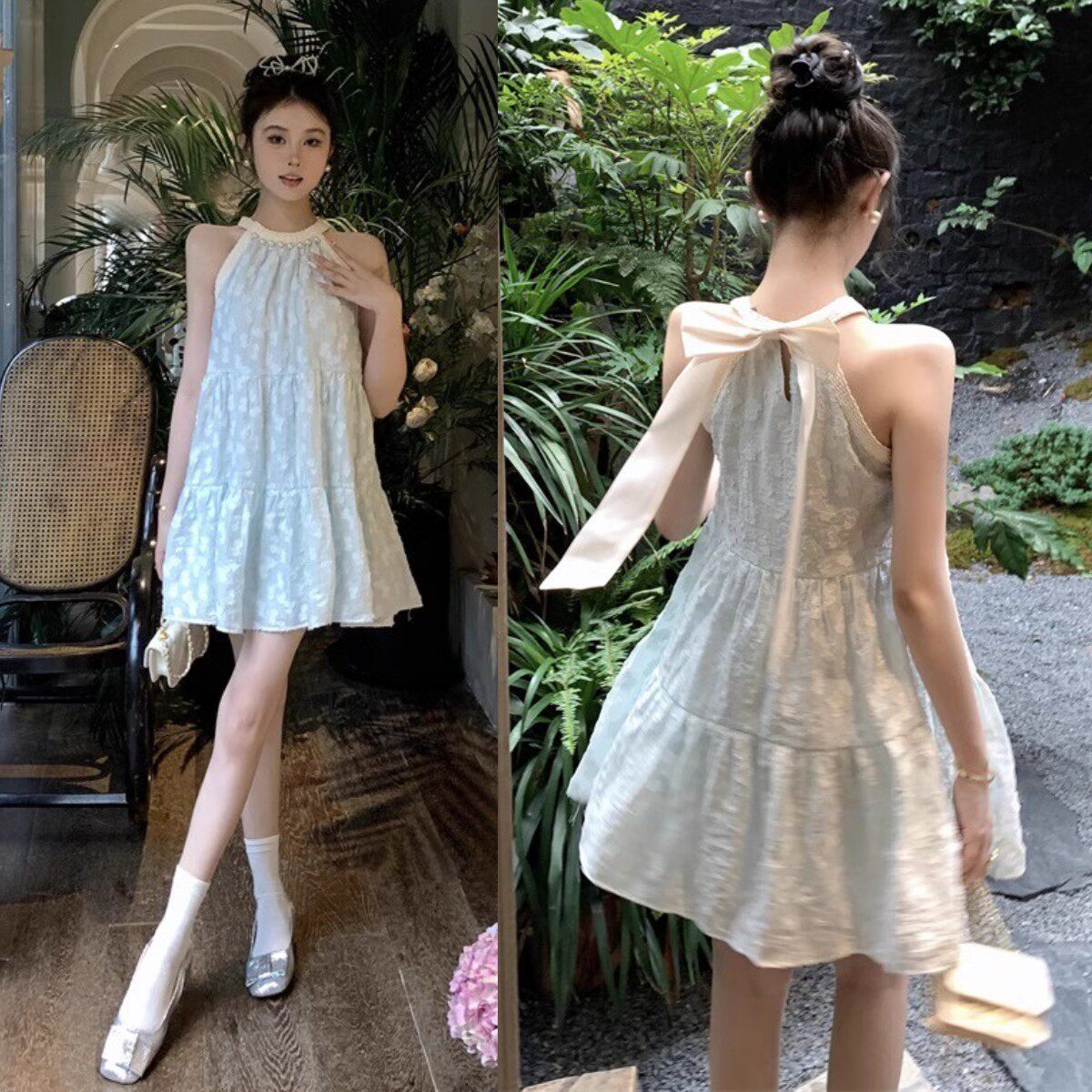 清甜少女蕾丝拼接挂脖洋气质甜美a字裙森系娃娃连衣裙 仙女桔梗裙