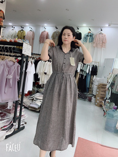 韩版夏季亚麻连衣裙经典黑白格子时尚撞色衬衫领通勤显瘦短袖长裙