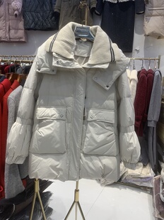 针织拼接羽绒服女中长款双层领连帽宽松白鸭绒超好看冬装外套