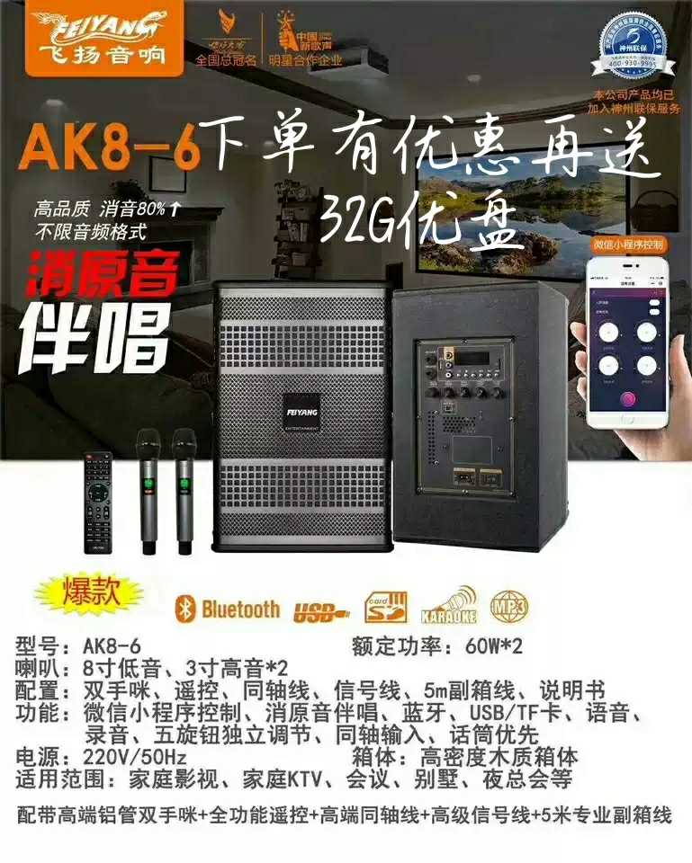 飞扬大功率卡包无源音箱双话筒纯木制蓝牙家用ktv会议