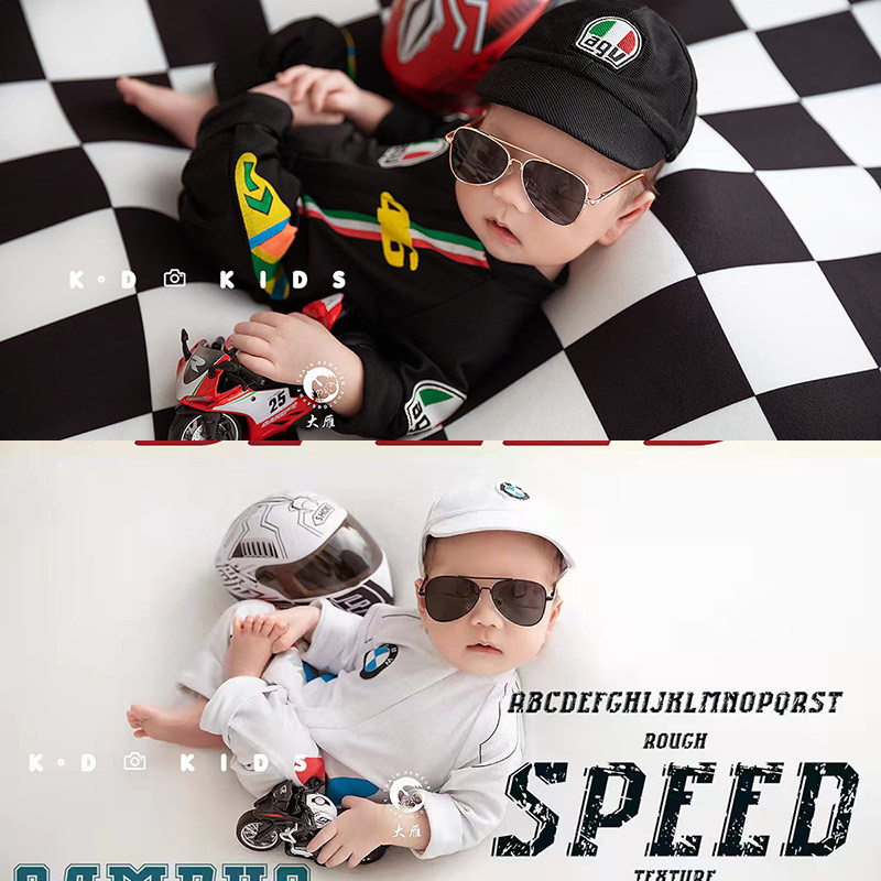 新生儿机车风主题男孩炫酷kd新款拍照帅气2022满月照宝宝摄影服装