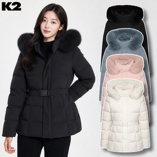 反季特价 韩国代购 K2 冬 女 防水中长款连帽收腰鹅绒羽绒服