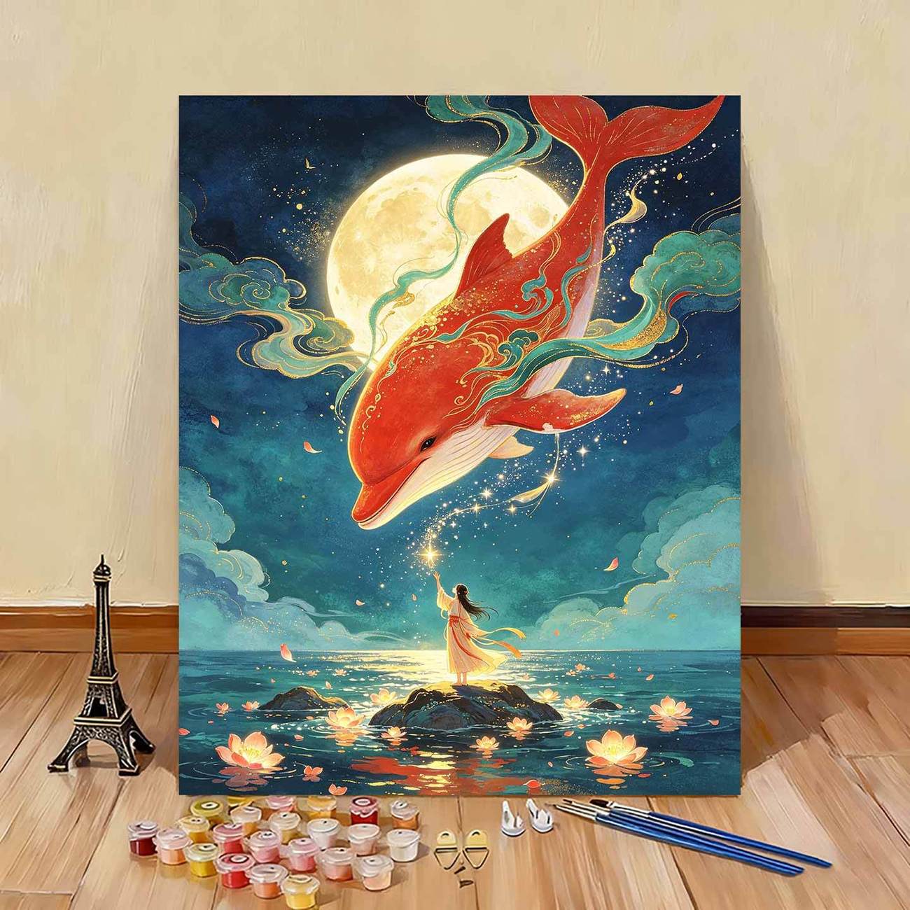 2026新款钻石画梦幻少女与红海豚手工DIY贴画满钻客厅装饰大气