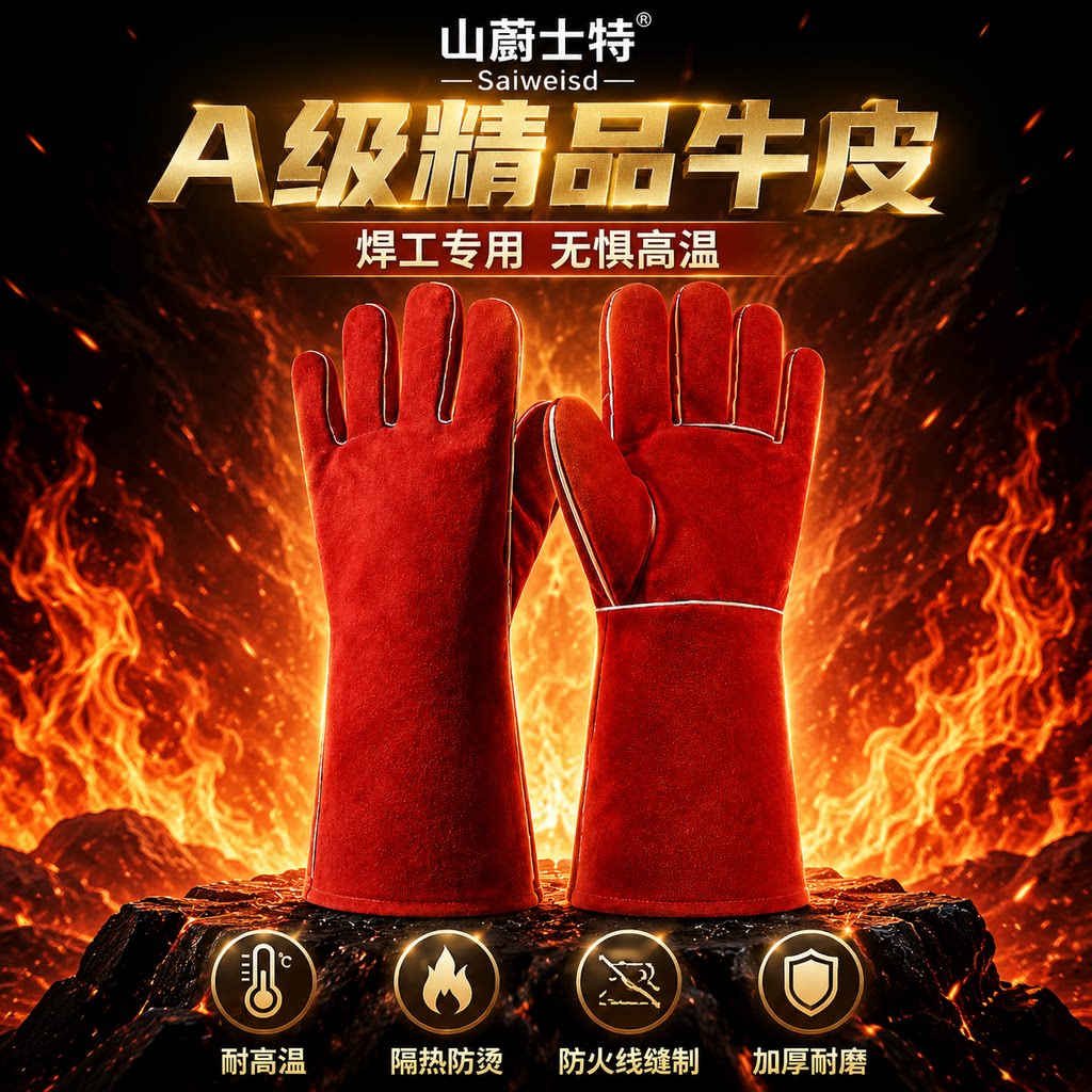 山蔚士特电焊手套牛皮耐高温隔热防烫耐磨工作加长款防护焊工专用
