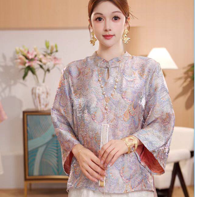 新中式立领印花上衣女中老年百搭刺绣七分袖T恤气质国风女装小衫