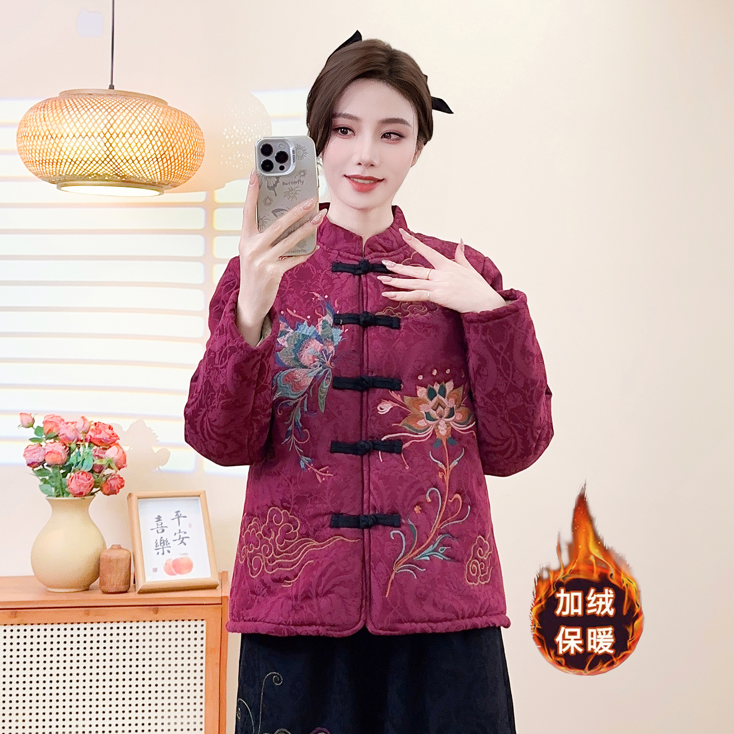 民族风复古盘扣刺绣棉服女中年加绒保暖外套妈妈装国风绣花小棉袄