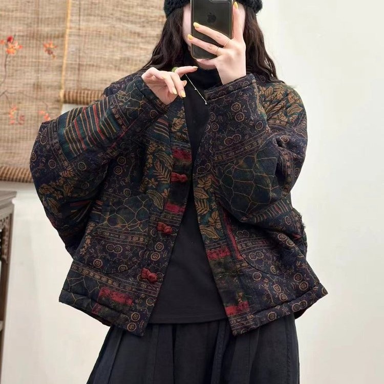 秋冬季民族风印花棉服女2025新款爆款女士双面穿棉袄夹棉短款外套