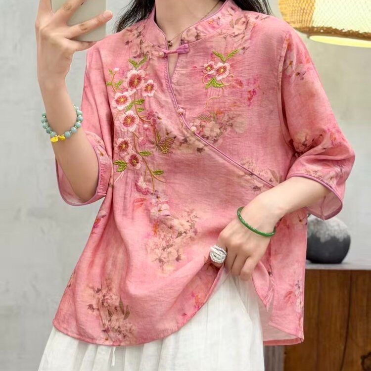 新中式国风刺绣印花立领上衣女夏薄款宽松显瘦气质中老年女装T恤