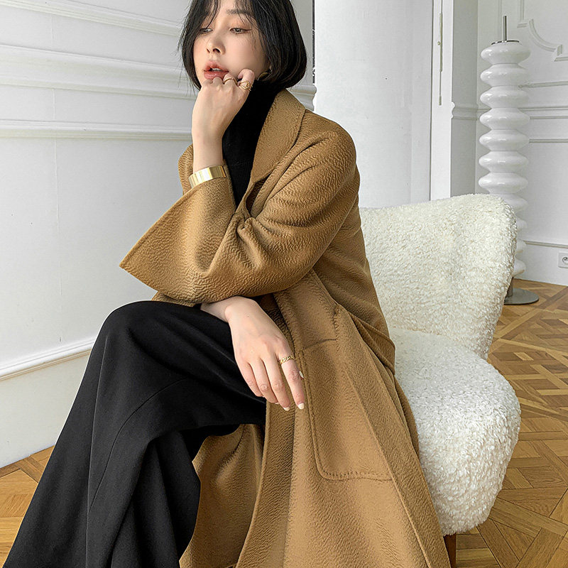 经典大码浴袍款水波纹双面羊绒大衣秋冬新款赫本风中长款毛呢外套