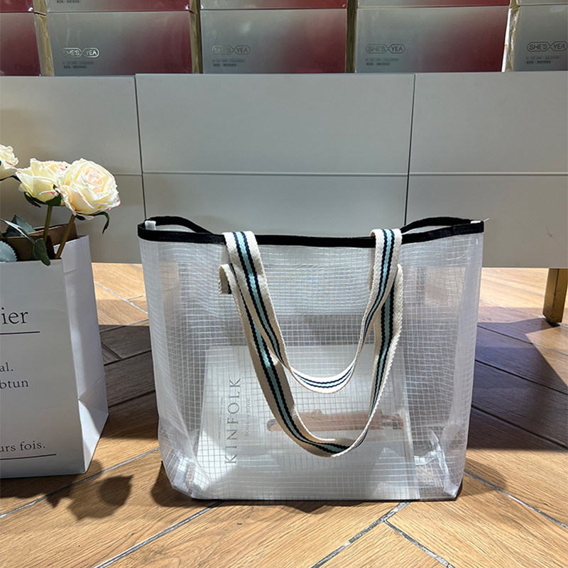 高颜值小清新网纱购物袋单肩透明游泳沙滩包手提环保袋便携收纳袋
