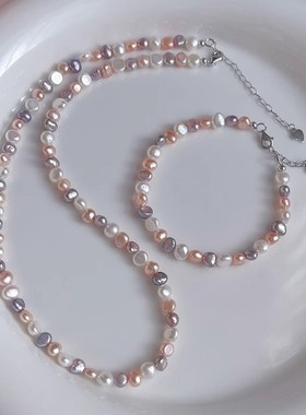 s925银糖果色巴洛克异形淡水珍珠项链女多巴胺粉白紫搭配锁骨颈链