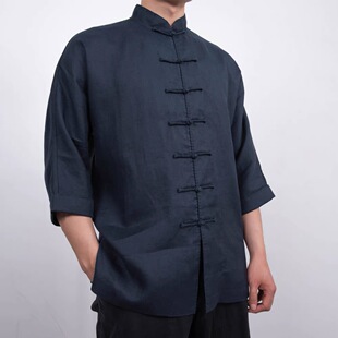 「慈航布衣」传统中式藏蓝色亚麻七分袖立领
