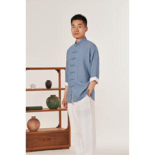 「慈航布衣」传统中式湖蓝色棉麻七分袖立领