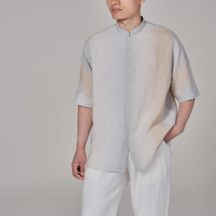 慈航布衣新中式立领色织亚麻彩条短袖