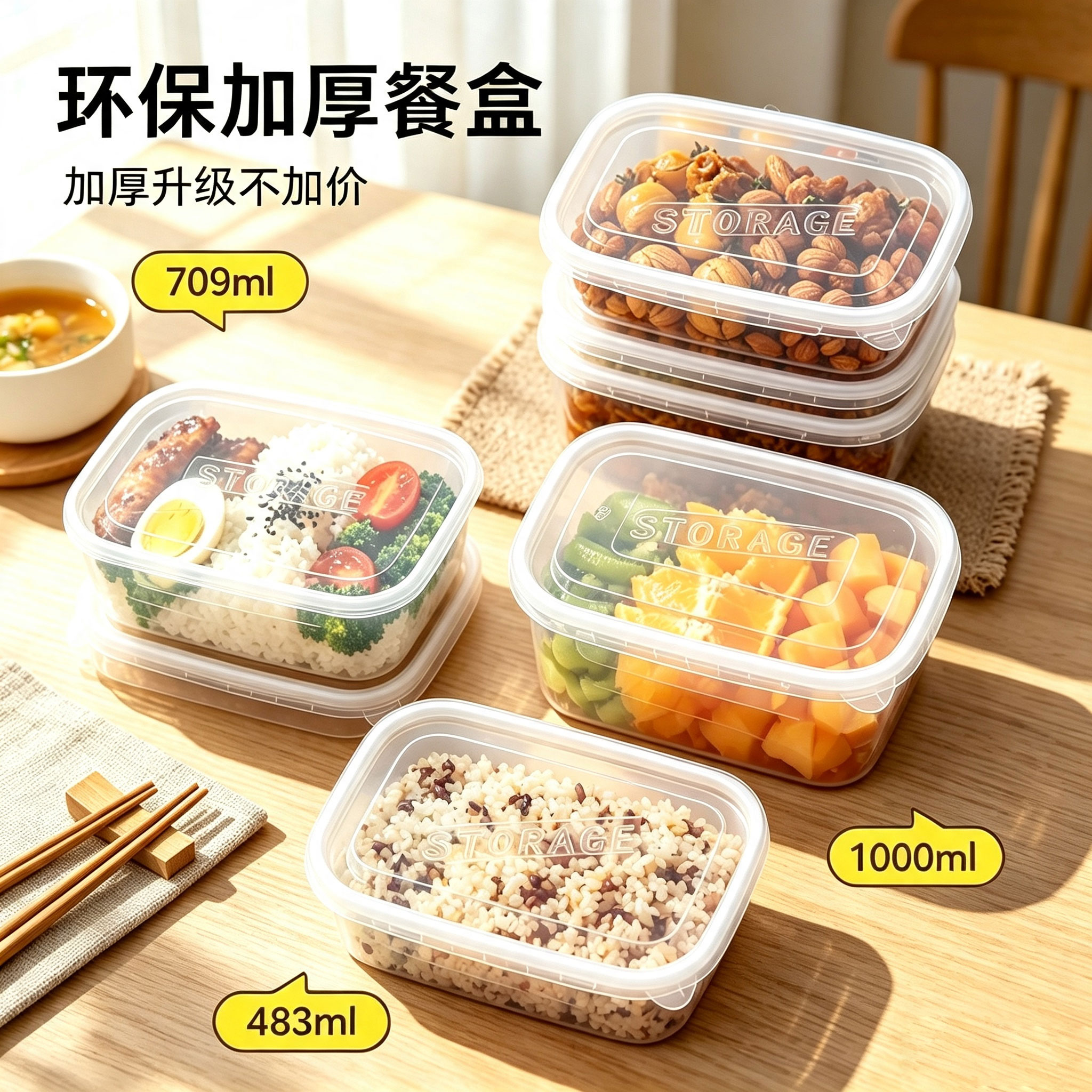 一次性碗餐盒长方形带盖密封保鲜盒冷冻食品便当盒PP材质加厚透明