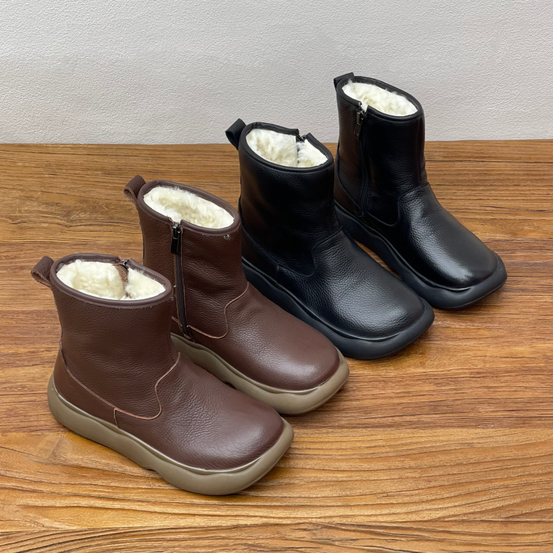 真皮厚底加绒短靴雪地靴保暖棉靴