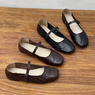 手工真皮玛丽珍鞋平底休闲女鞋春夏新款一字扣浅口单鞋舒适奶奶鞋