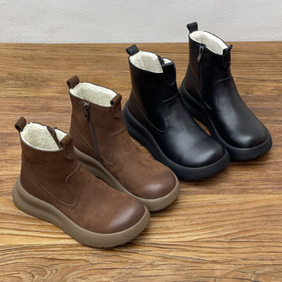 丑乐 马丁靴 5cm厚底牛皮秋冬雪地靴面25加绒加厚中筒保暖真皮棉鞋