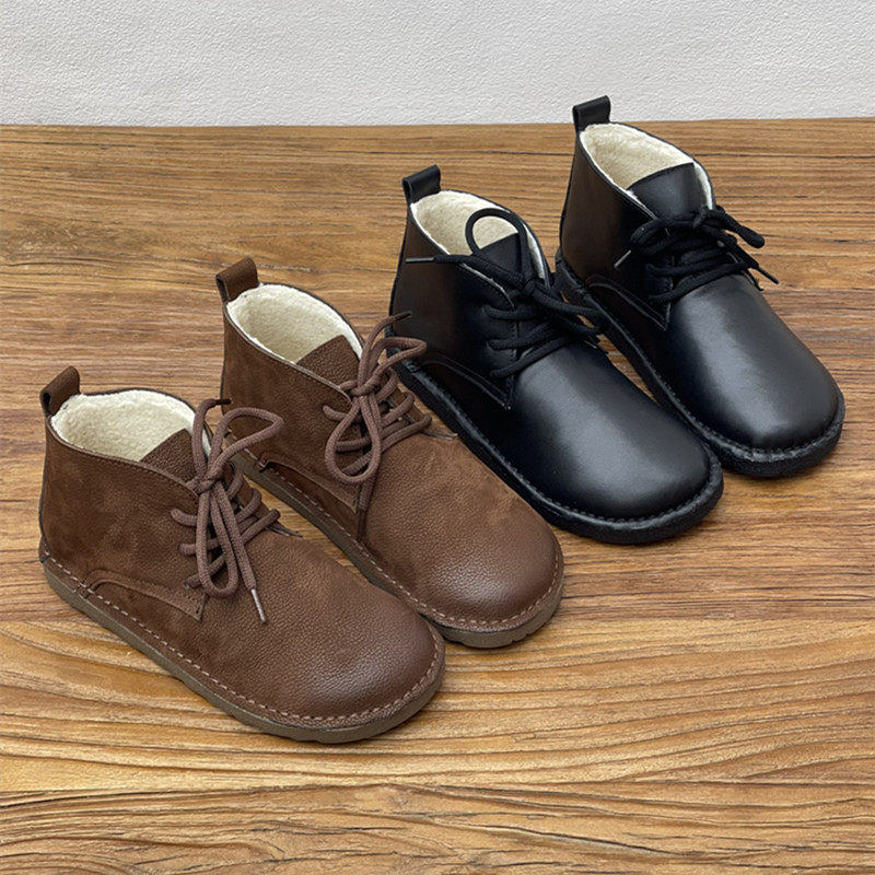 手工真皮加绒棉平底保暖短靴