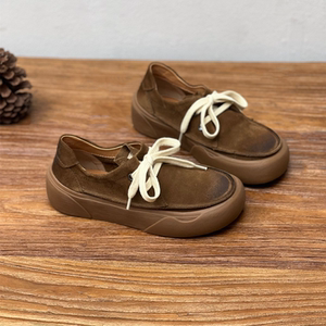 文艺复古真皮厚底单鞋23秋季新款圆头休闲松糕底系带磨砂牛皮女鞋