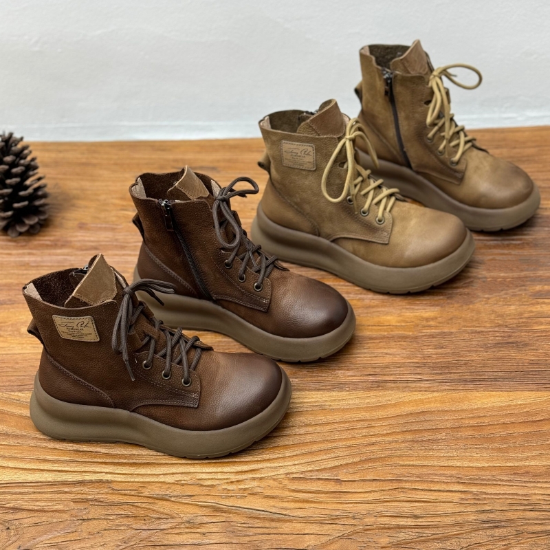 手工真皮厚底马丁靴女25秋冬新款外贸圆头系带松糕底休闲牛皮短靴