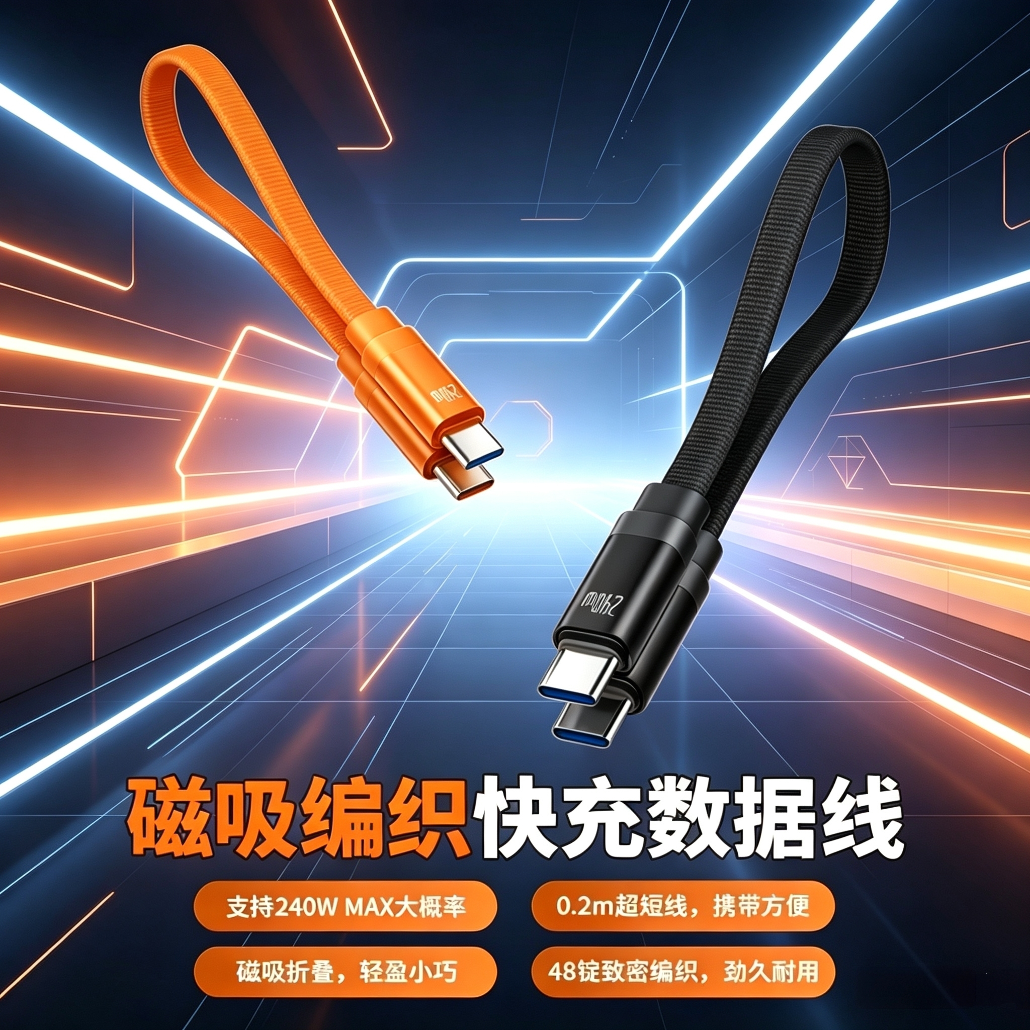 充电宝专用短线扁线双typec数据线二合一lighting充电线磁吸编织快充线240W超短0.2米适用苹果17十六15安卓16