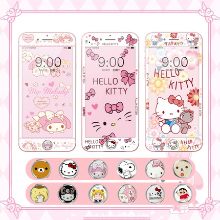 适用苹果4s/5s卡通钢化膜按键贴6p/6sp软边手机膜不碎边8plus/7p屏幕指纹保护贴SE2/3可爱彩膜防摔覆盖高清膜