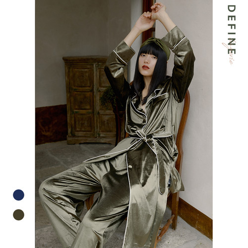 法式仿丝女睡袍秋冬季金丝绒加厚